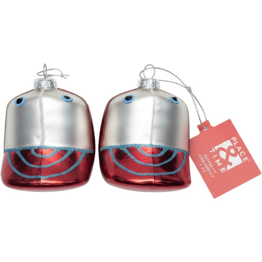 Place & Time Baseball Cap‎ Christmas Ornaments Red Silver Glitter Set of 2 NWT